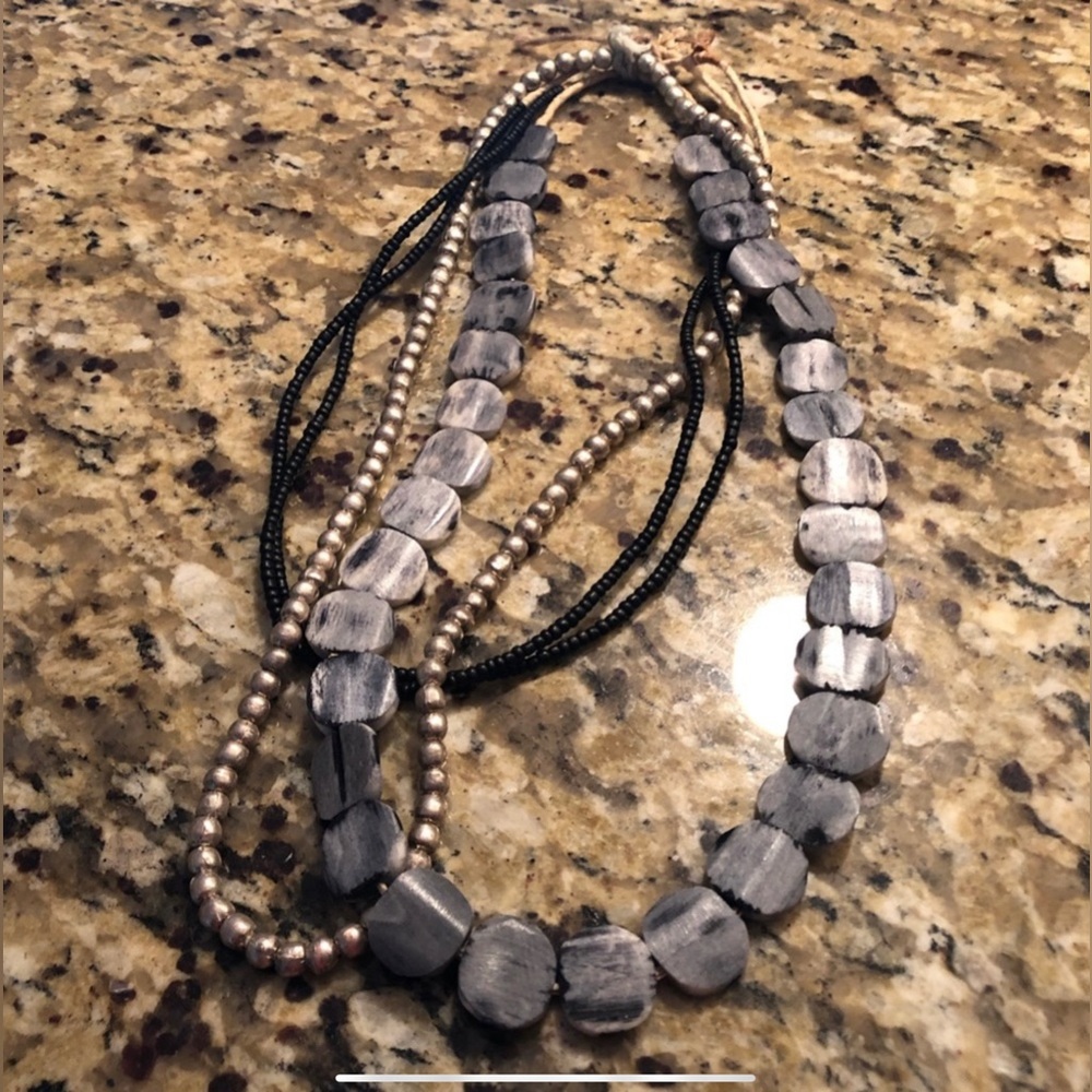 Twine and twig, layered, black gray and gold necklace